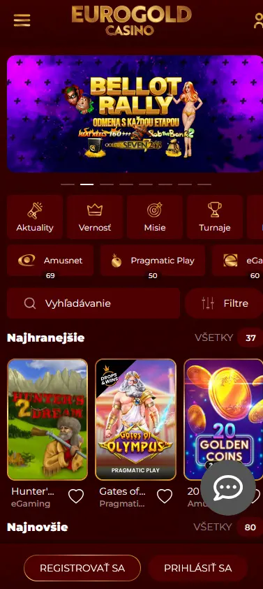 Eurogold Casino mobilní aplikace — PWA pro Android a iOS, herní lobby v prohlížeči
